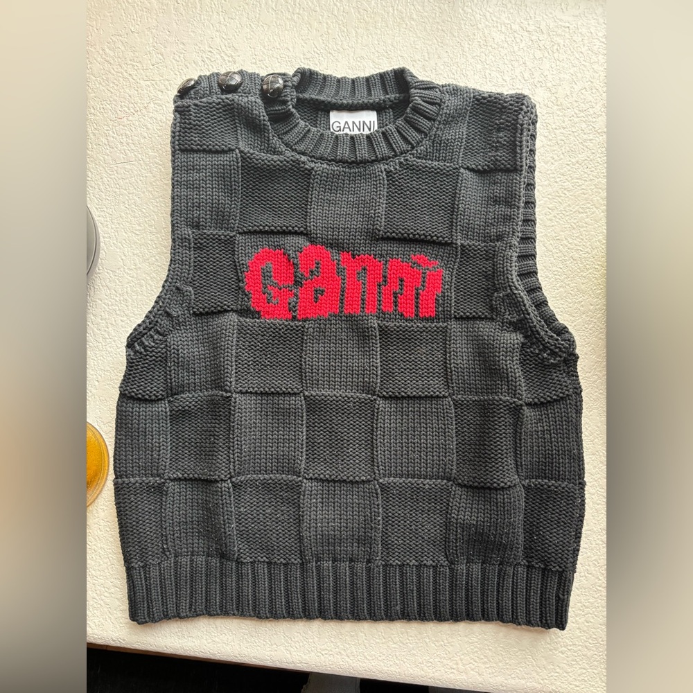 Ganni Black Knit V-Neck Sweater Vest with Red Logo